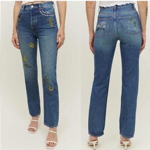 Reformation Blue Straight Leg Jeans with Embroidery